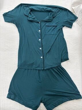 Soft Short-Sleeve Button Pajama Set in Teal Blue